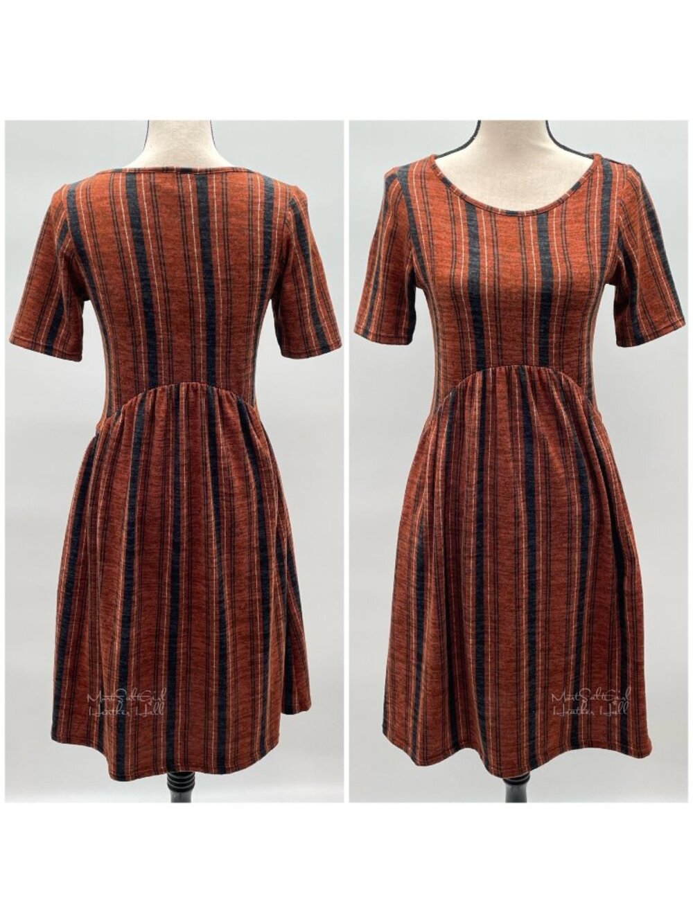 Vintage Love Kuza Rust Stripe Inverted U Asymmetrical Waistline A-Line Dress
